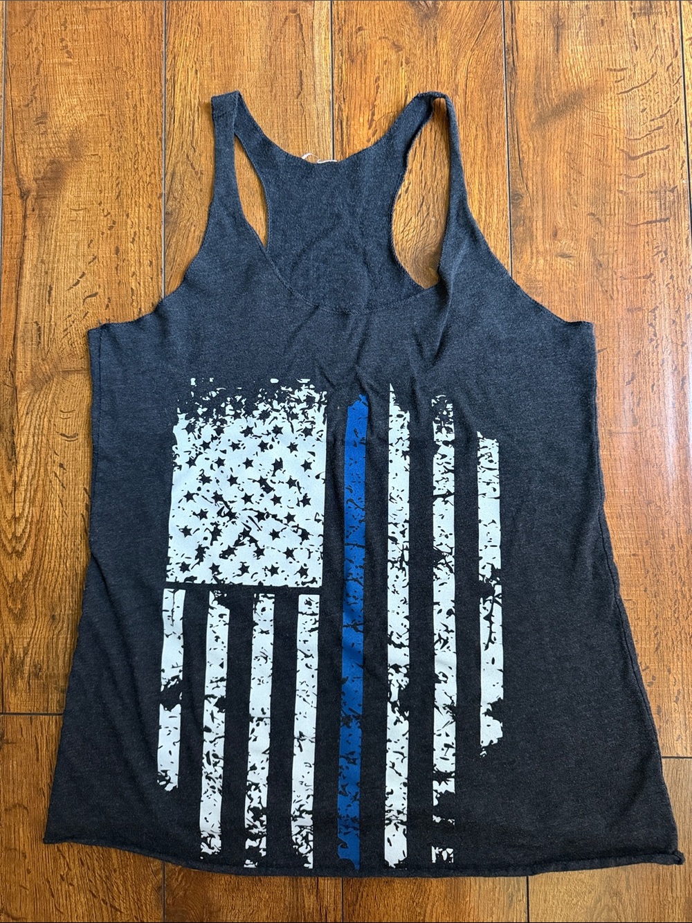 Bella Canvas Charcoal Racerback Tank with Blue Accent Flag